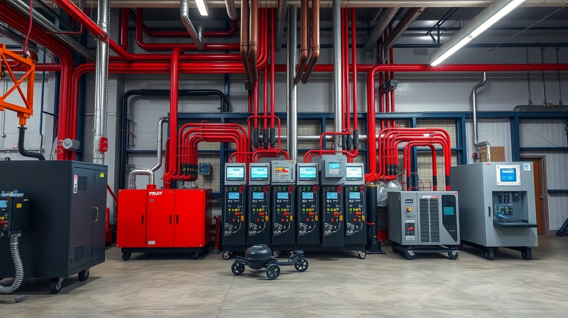 Ipari elektronikai vezérlők és csőhálózat egy modern létesítményben.