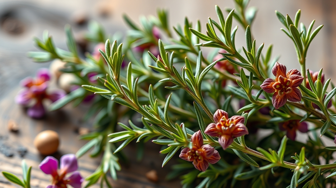 Friss rozmaring levelek és virágok a fából készült felületen.