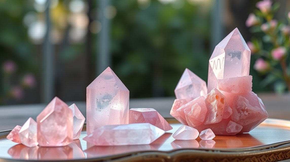 Rózsakvarc kristályok különböző formái, a lelki egyensúlyért.