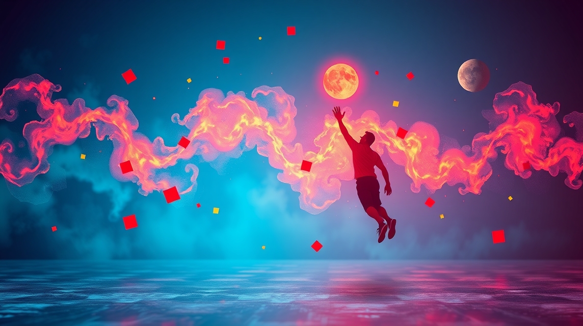 Férfi ugrik a motiváció és kreativitás szimbolikus ábrázolásával