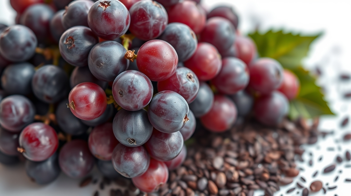 Friss szőlő szőlőmag-őrleménnyel, antioxidáns jótékony hatásokkal.