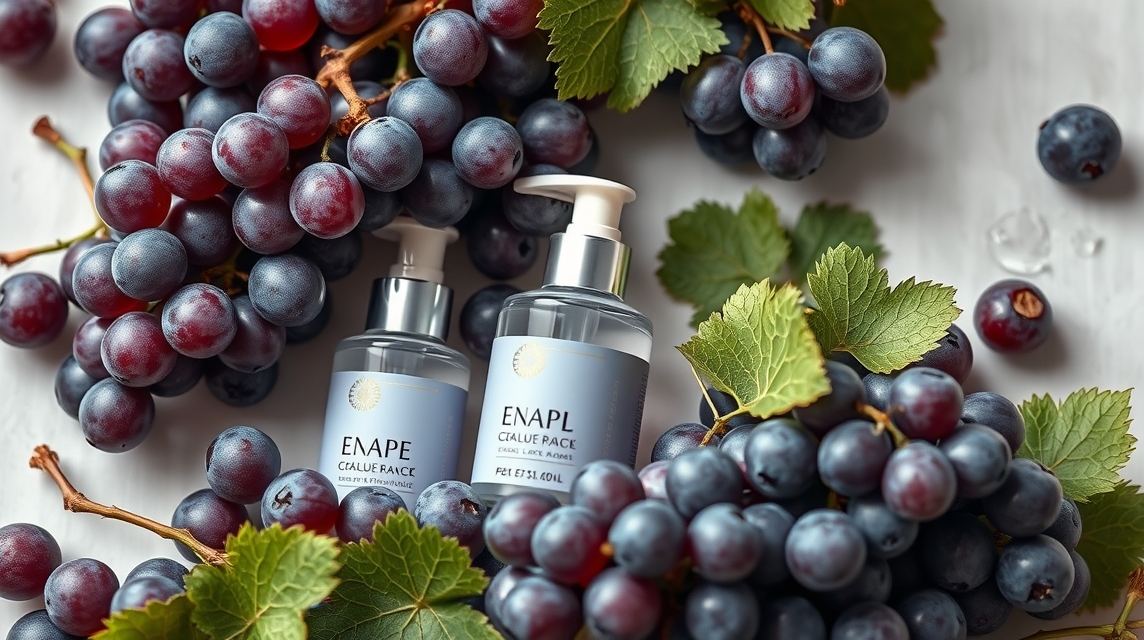 Szőlőszesz alapú bőrápoló termékek szőlőkkel körbevéve.