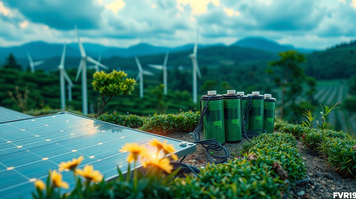 Akkumulátorok és napelemek a fenntartható energiáért, szélenergiával a háttérben.