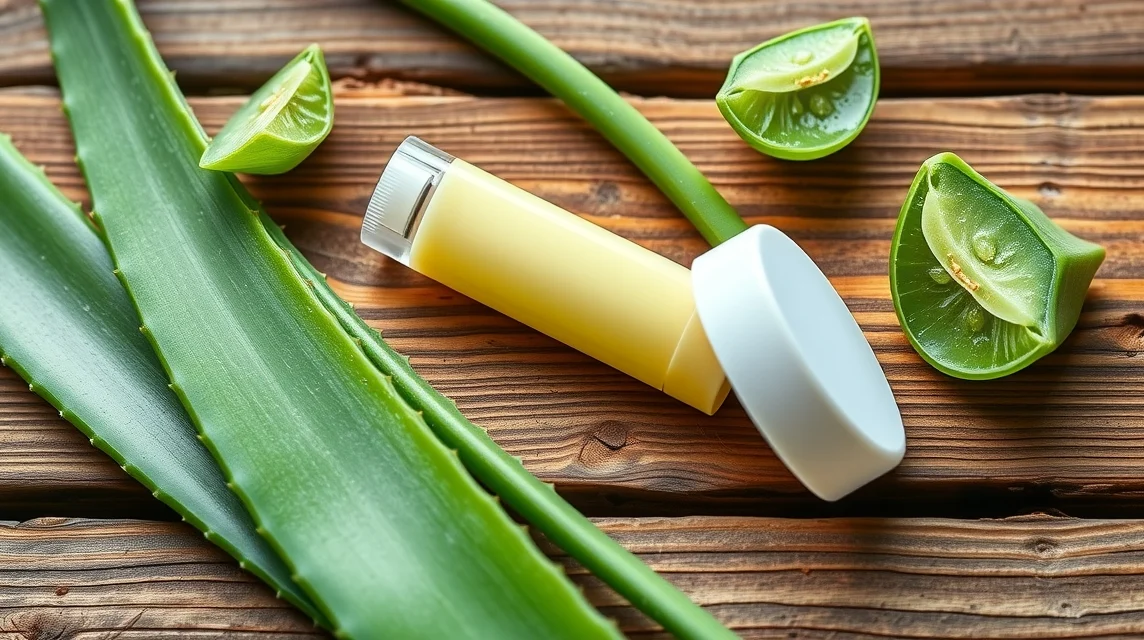 Aloe vera levelek és ajakbalzsam természetes hidratáláshoz.
