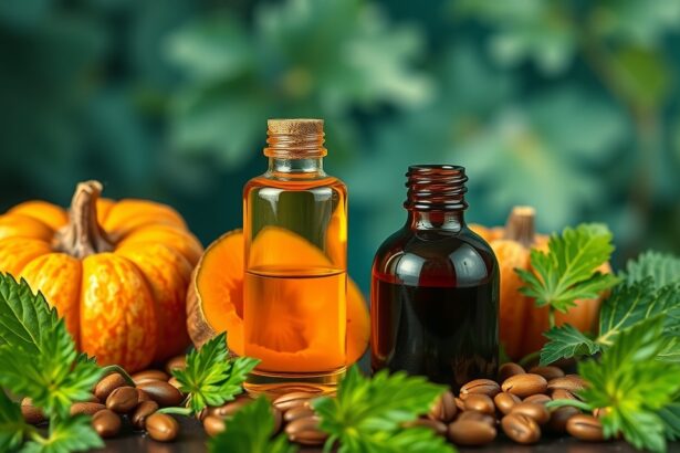 Tökmagolaj és tök, friss fűszernövényekkel díszítve.