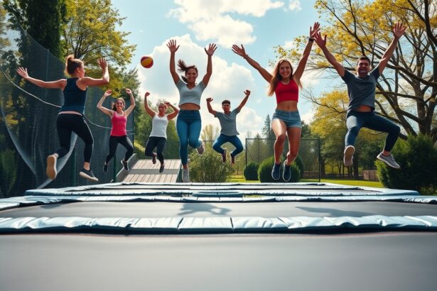 Több személy ugrál a trambulinon, szórakozás és testmozgás kombinációja