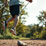 Fiatal férfi ugrókötéllel edz egy napfényes parkban.