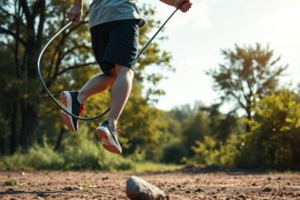Fiatal férfi ugrókötéllel edz egy napfényes parkban.