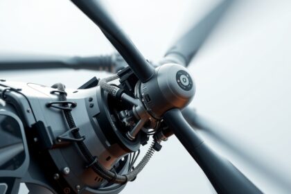 Helikopter rotor részletes képe, amely bemutatja a forgó lapátokat és mechanikát.