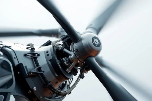 Helikopter rotor részletes képe, amely bemutatja a forgó lapátokat és mechanikát.