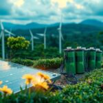 Akkumulátorok és napelemek a fenntartható energiáért, szélenergiával a háttérben.