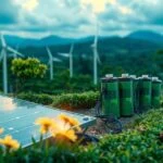 Akkumulátorok és napelemek a fenntartható energiáért, szélenergiával a háttérben.