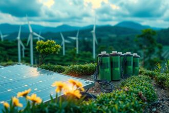 Akkumulátorok és napelemek a fenntartható energiáért, szélenergiával a háttérben.