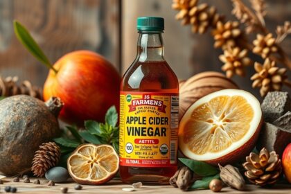 Üveg almaecet és friss gyümölcsök, természetes egészségmegoldások.