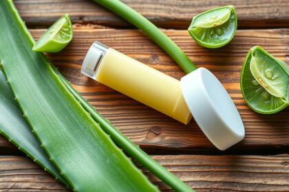 Aloe vera levelek és ajakbalzsam természetes hidratáláshoz.