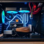 Számítógép tápegység és belső alkatrészei fényes világítással.