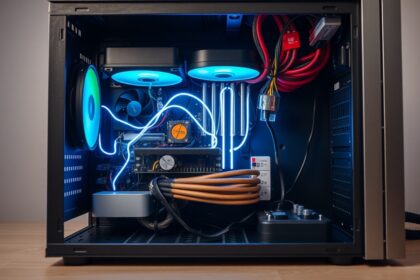 Számítógép tápegység és belső alkatrészei fényes világítással.