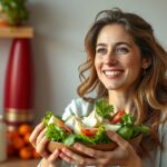 Fiatal nő salátát tart a kezében tejmentes diéta jegyében.