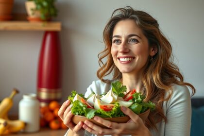 Fiatal nő salátát tart a kezében tejmentes diéta jegyében.