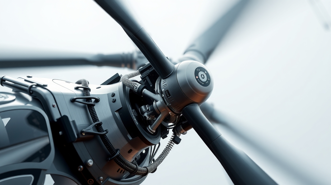 Helikopter rotor részletes képe, amely bemutatja a forgó lapátokat és mechanikát.