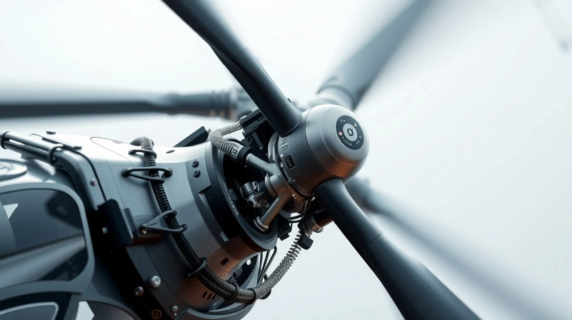 Helikopter rotor részletes képe, amely bemutatja a forgó lapátokat és mechanikát.