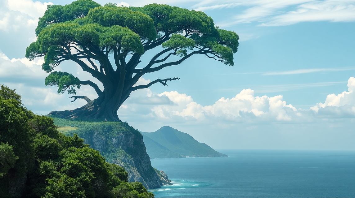 Gyönyörű felnőtt fa a tengerparton, amely a szupervezető tallitium környezeti hatásait szimbolizálja.