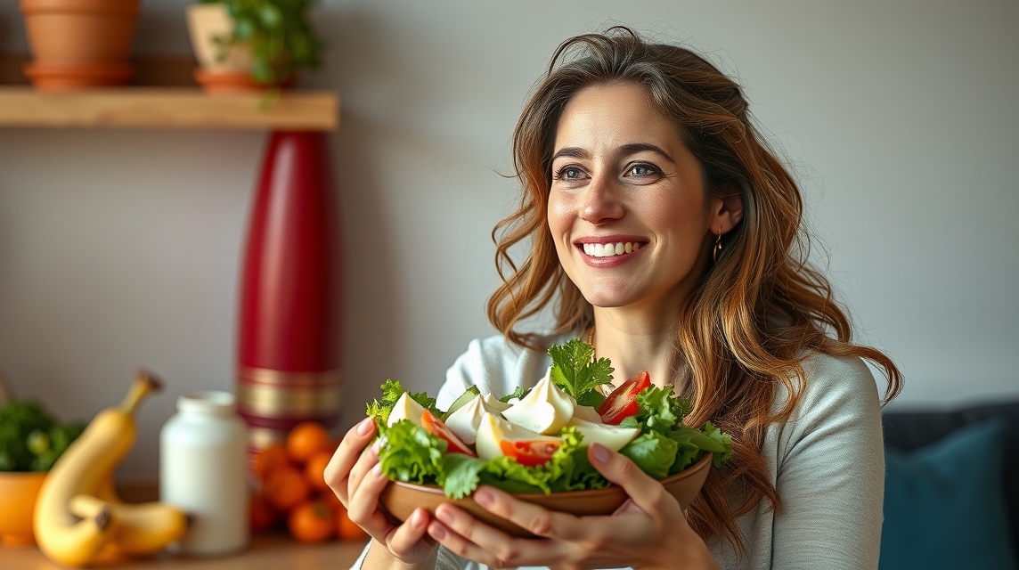 Fiatal nő salátát tart a kezében tejmentes diéta jegyében.