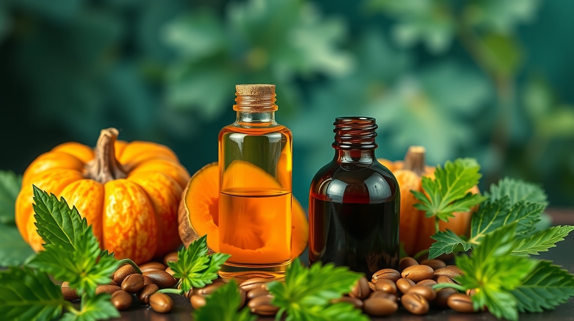 Tökmagolaj és tök, friss fűszernövényekkel díszítve.