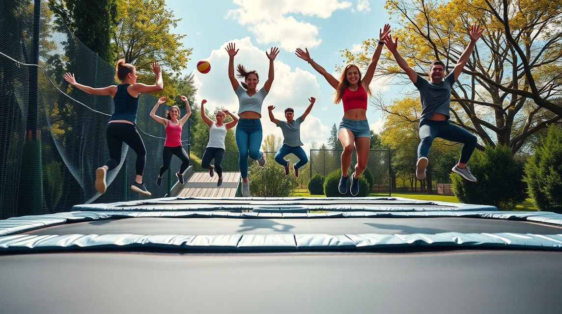 Több személy ugrál a trambulinon, szórakozás és testmozgás kombinációja