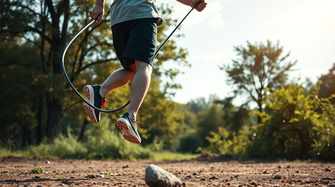 Fiatal férfi ugrókötéllel edz egy napfényes parkban.