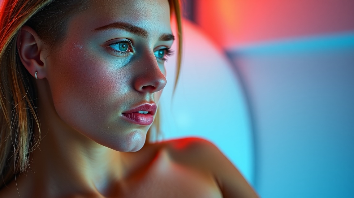Fiatal nő arca fénnyel és színekkel kiemelve
