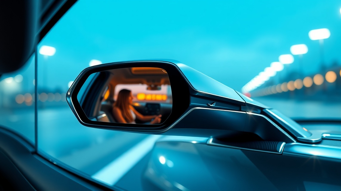 Elektromos autótükör belső látképpel és vezetővel.