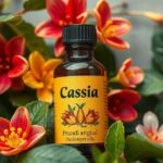 Cassia olaj üveg illóolaj virágokkal körülvéve.