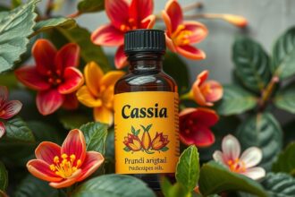 Cassia olaj üveg illóolaj virágokkal körülvéve.