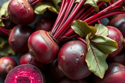 Friss céklák természetes környezetben, zöld levelekkel