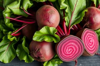 Friss cékla levelekkel és felvágva, egészséges zöldség.
