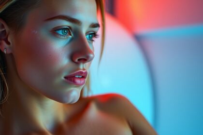 Fiatal nő arca fénnyel és színekkel kiemelve