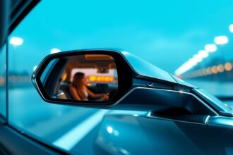 Elektromos autótükör belső látképpel és vezetővel.