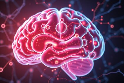 Digitális ábrázolás az emberi agy neurotranszmitter kapcsolatairól.