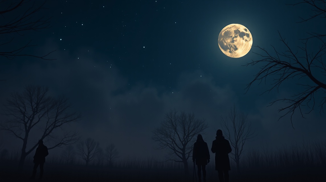 Első negyed hold és csillagos ég a fák között