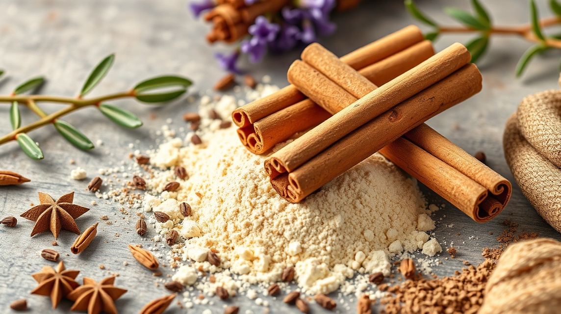 Fahéj és fűszerek frissítő elrendezése az asztalon.