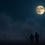 Első negyed hold és csillagos ég a fák között