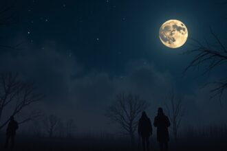 Első negyed hold és csillagos ég a fák között