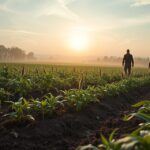 Két gazda sétál a reggeli mezőn gyomirtó szerekkel kezelt növények között.