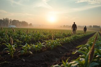Két gazda sétál a reggeli mezőn gyomirtó szerekkel kezelt növények között.