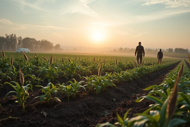 Két gazda sétál a reggeli mezőn gyomirtó szerekkel kezelt növények között.