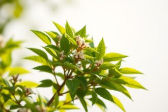 Hamamelisz növény virágokkal és zöld levelekkel.