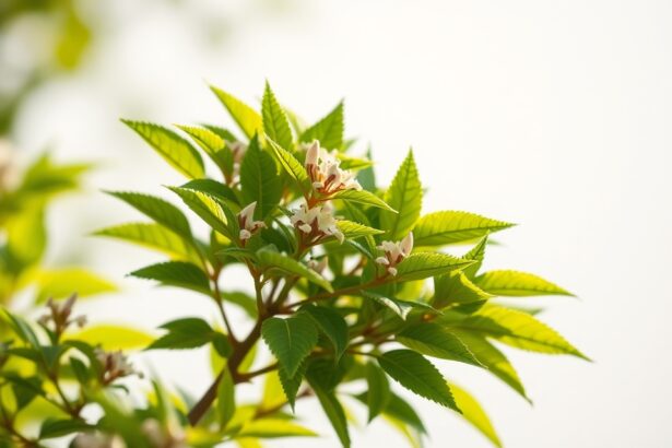 Hamamelisz növény virágokkal és zöld levelekkel.