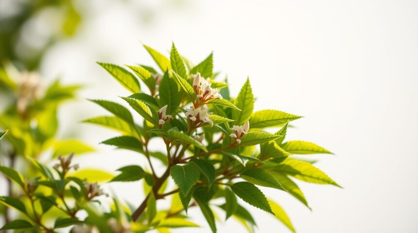 Hamamelisz növény virágokkal és zöld levelekkel.
