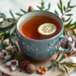 Hársfa tea csésze, zöld növényekkel és virágokkal díszítve.